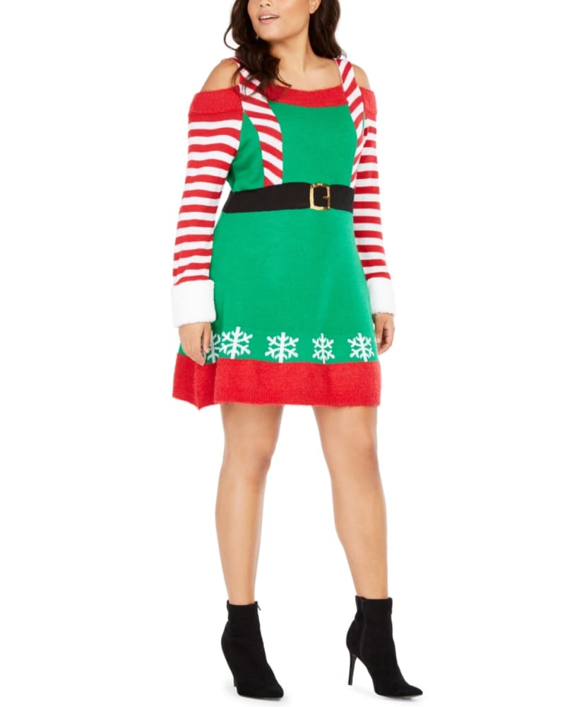 Front of a model wearing a size 3X Planet Gold Women's Derek Heart Trendy Plus Size Cold-Shoulder Elf Dress Green Size 3X in Green by Planet Gold. | dia_product_style_image_id:313085
